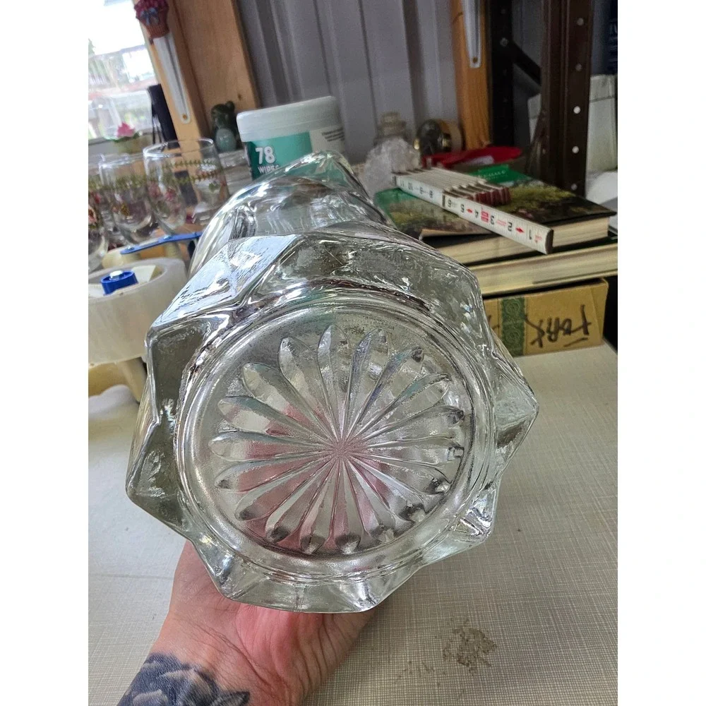 Vintage Clear Pressed Glass Pitcher Paneled Starburst Base Heavy Juice Water Jug